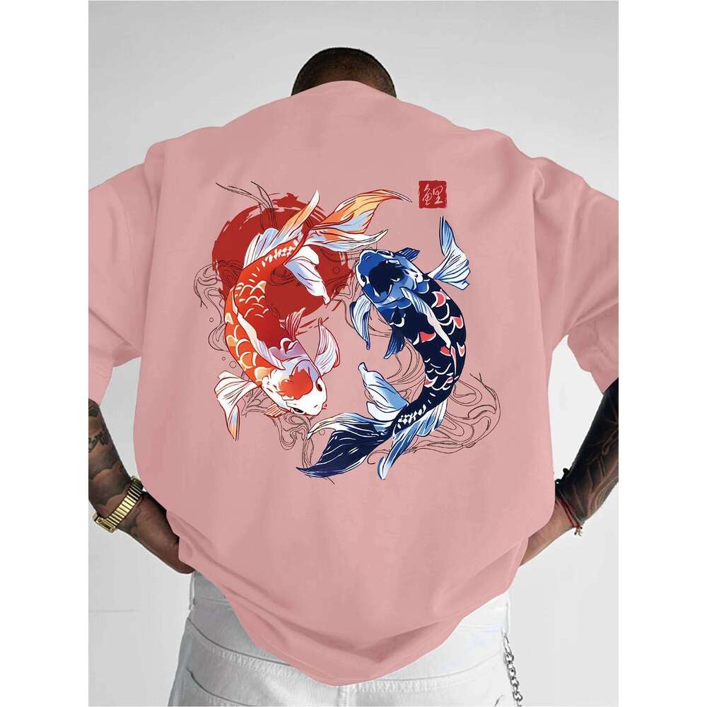 Koi Printed Pattern T-shirt Loose and Comfortable Pure Cotton Round Neck Short Sleeve Fashion Casual Trend Men's Clothing C260131