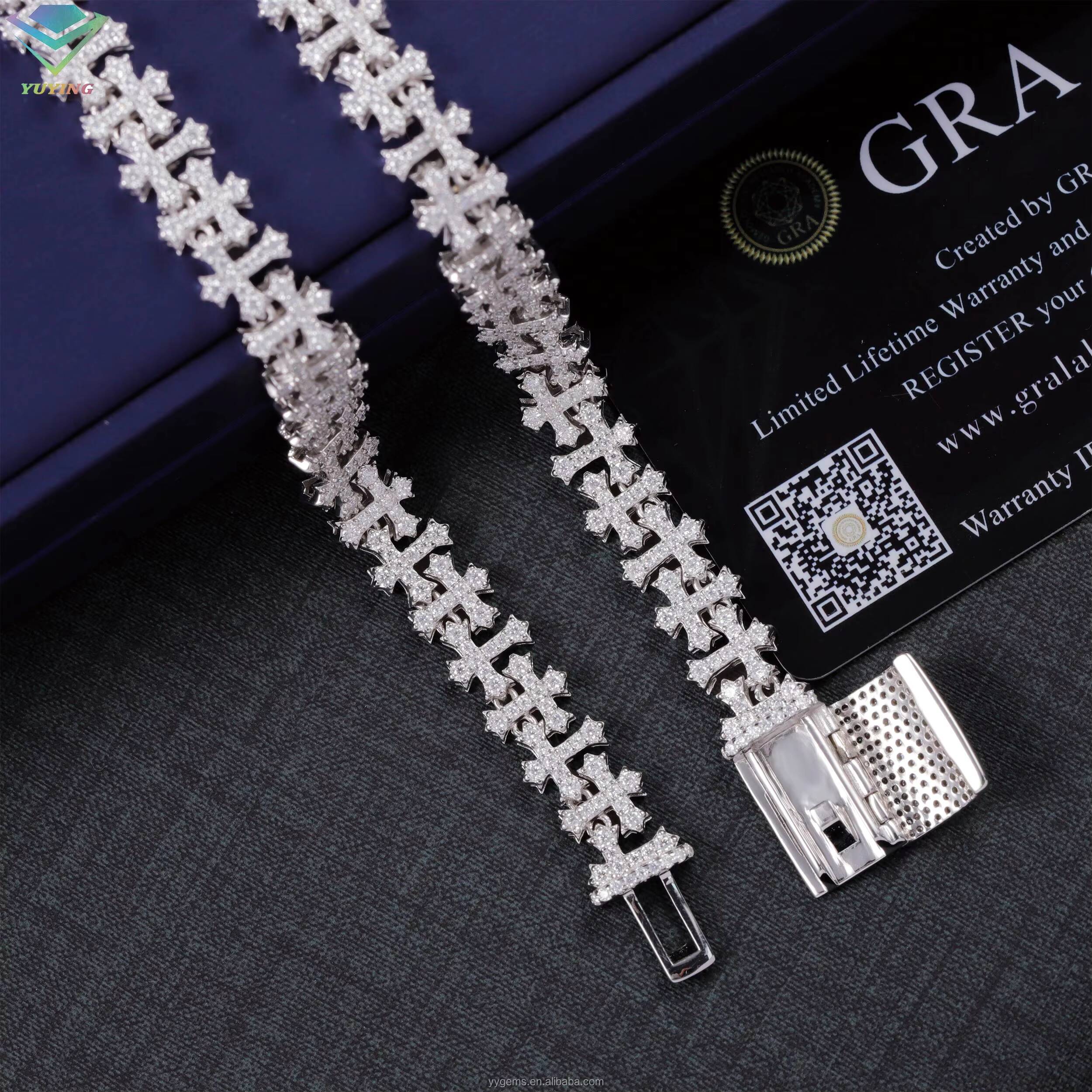 Hiphop Jewelry Cross Necklace 12mm Moissanite Diamond Chain S925 Sterling Silver Cuban Link Chain for Men Women