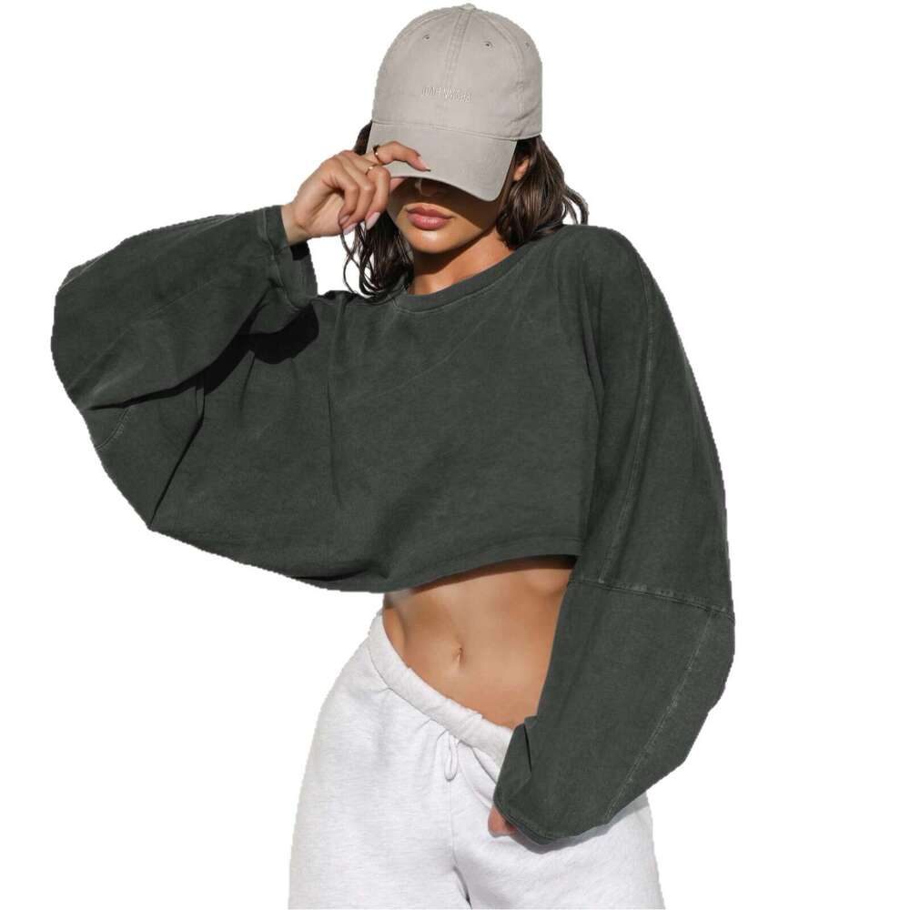 2025 Cross-Border Crop Round Neck Sweatshirt European and American Women's Fashion Short Sports Base Shirt T-Shirt Knitted Long Sleeve Top