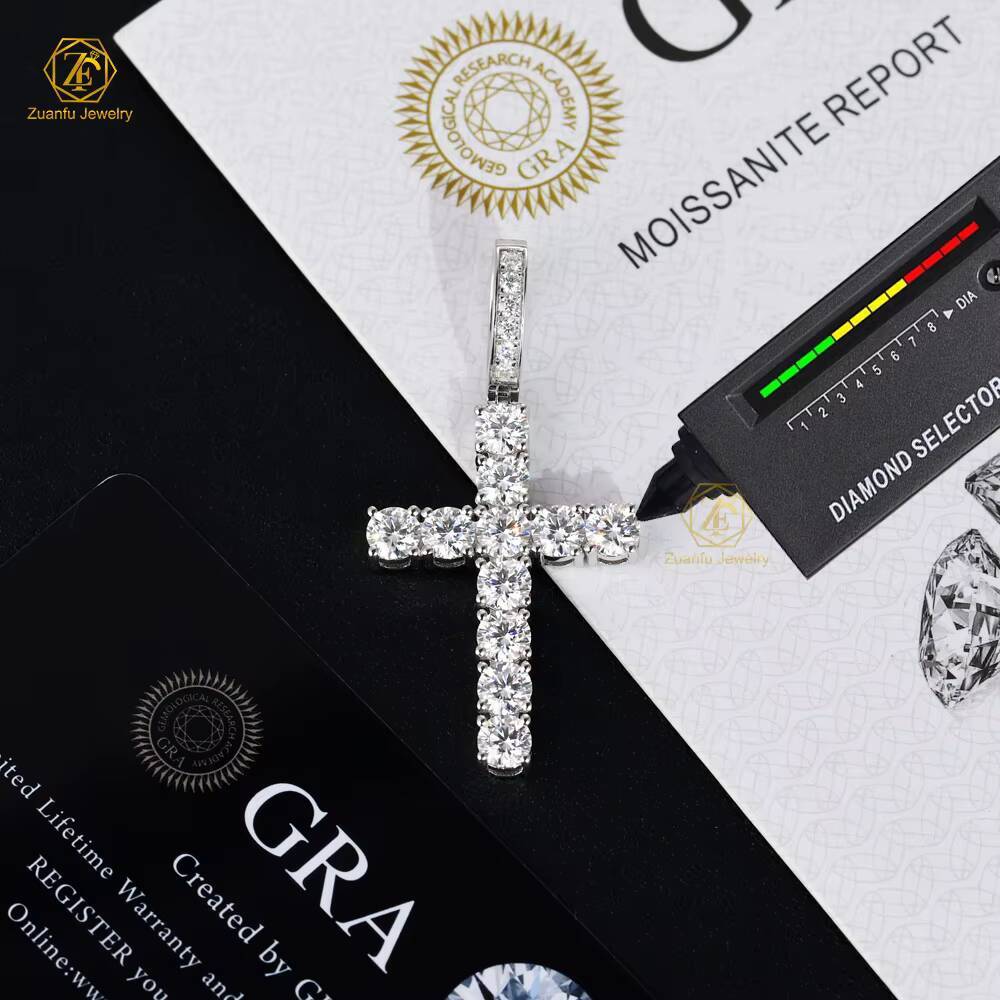 RTS 925 Sterling Silver VVS Moissanite Cross Pendant with 5mm Round Brilliant Cut Diamond GRA for Necklace