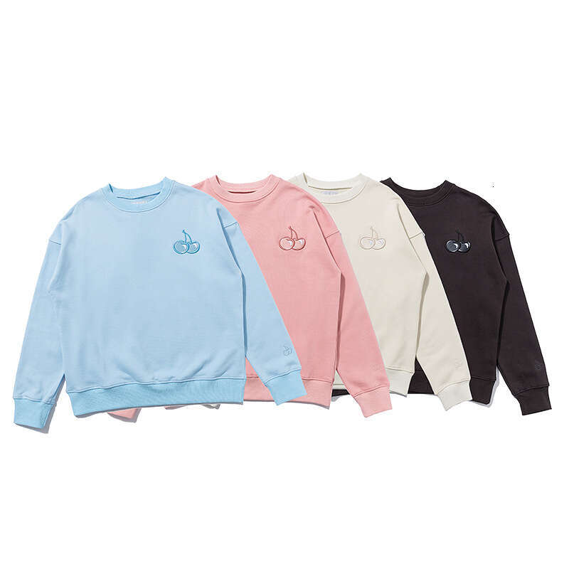 In Stock Korean Trendy Brand Cherry Embroidery Sweatshirt Pure Cotton Terry Round Neck Pullover Loose Long Sleeve Top For Women Spring And Autumn Wear