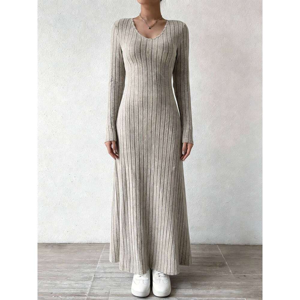 Women's Slim Fit Fashionable Knitted Long Sleeve A-Line Street Style Solid Color Maxi Dress XJ260131