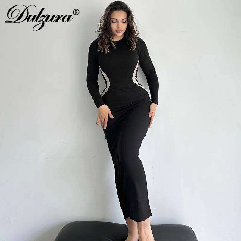 Hawthaw Women 2023 Autumn Winter Sleeve Party Club Streetwear Bodycon Black Long Dress Wholesale Items For Business XJ260131