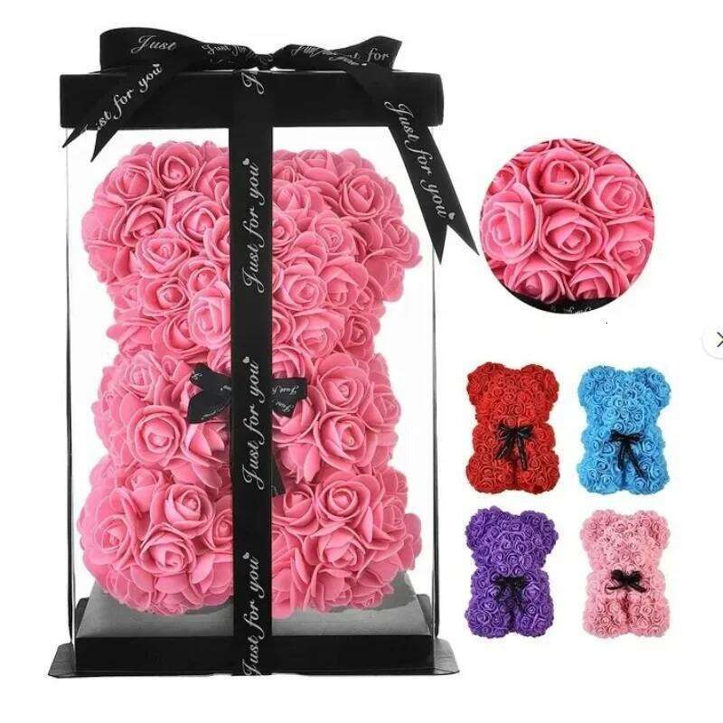 25cm Artificial Flowers Teddy Rose Bear Gift Box Romantic Anniversary Birthday Valentine's Day Present for Mom Girlfriend Child Y260131