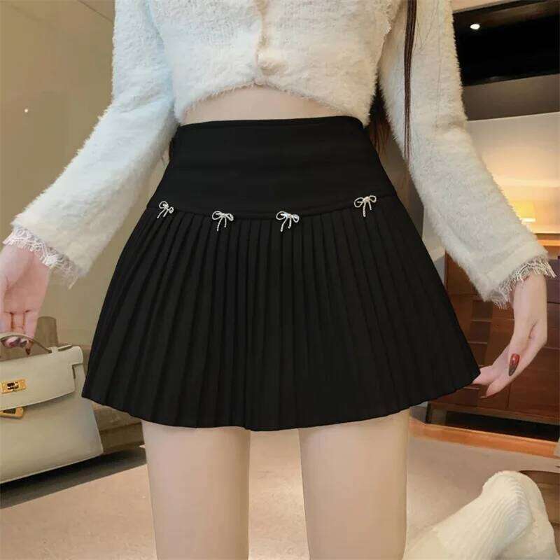 Ezgaga Mini Skirts Women Vintage Bow High Waist Slim Preppy Style Pleated Skirt Girl Fashion Streetwear Sweet Culottes XJ260131