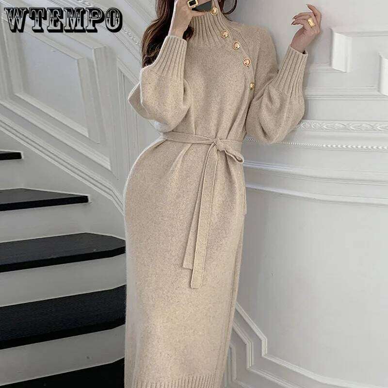 WTEMPO Women's Vintage Sleeve Knitwear Loose Buttoned Turtleneck Sweater Dress Autumn Winter Sexy Mid Long Knitted Dresses XJ260131