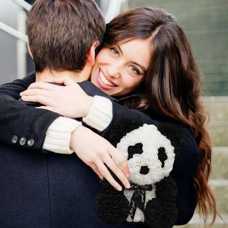 Rose Flower Teddy Bear with Heart/ Bowtie Handmade Panda Doll for Valentine's Day Birthdays Bridal Showers Party Gifts 25cm Y260131