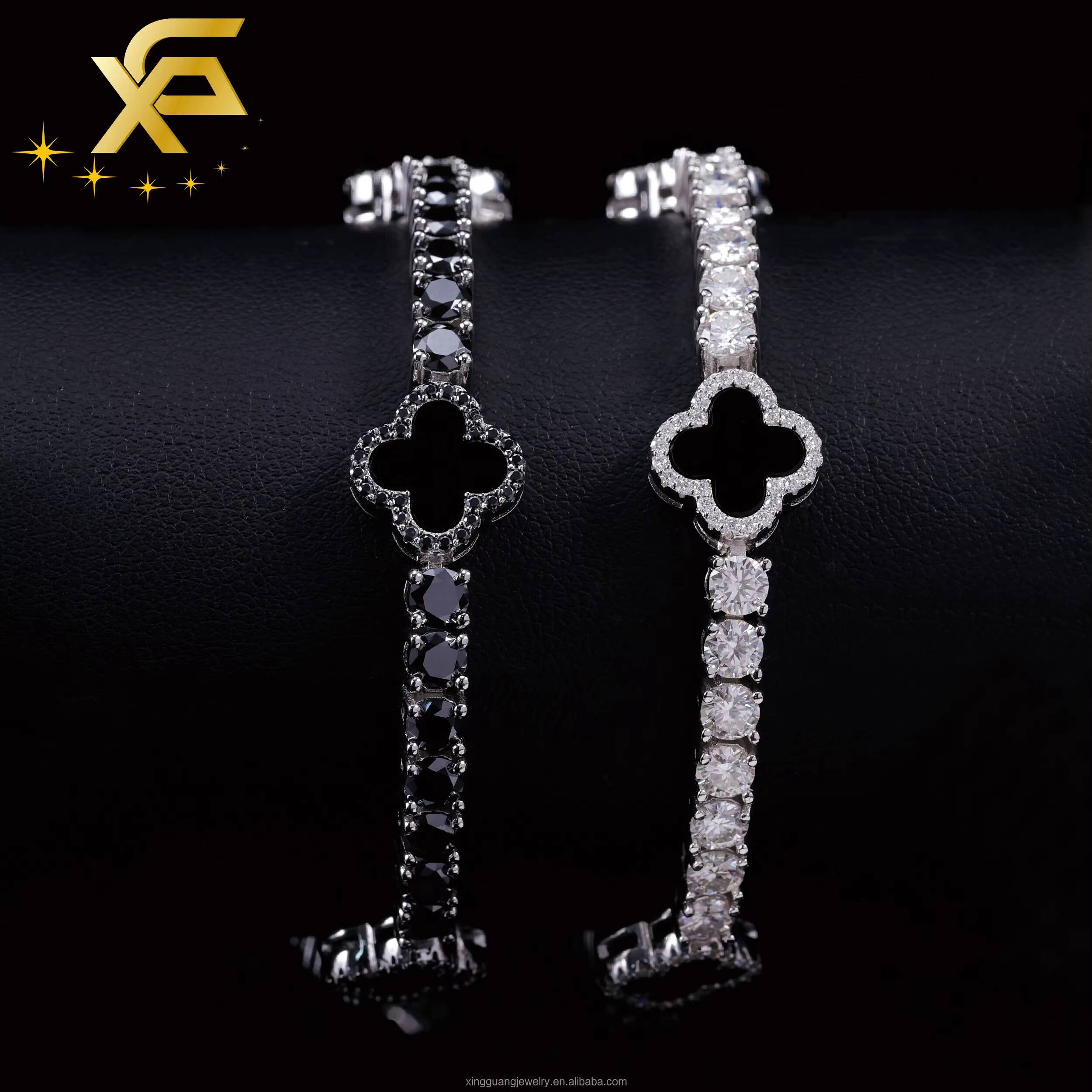 Black Color Moissanite Four Leaf Clover Bracelet S925 Silver 3mm-5mm VVS Moissanite Clover Tennis Bracelet For Women