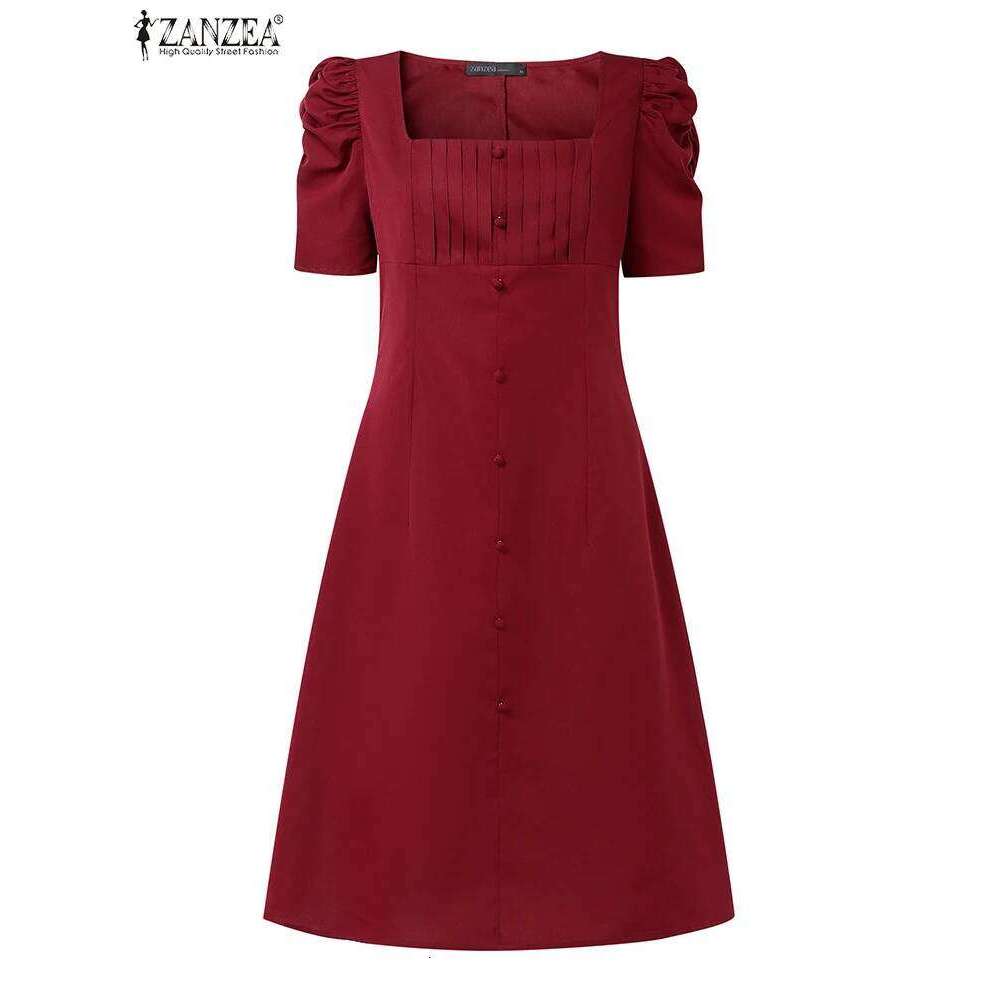 2025 Fashion OL Work Dress Women Square Neck Sundress Casual Loose Vestidos Short Puff Sleeve Solid Color Knee-Length Robe Femme XJ260131