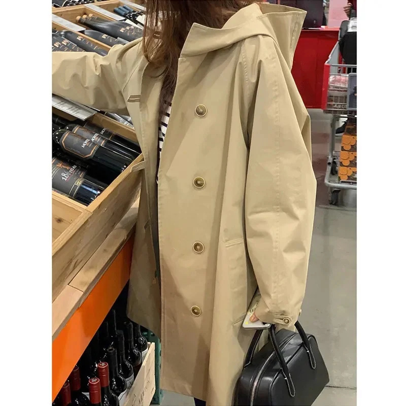 Spring Autumn Women Loose Fit Lined Outerwear Female Hooded Windbreaker Jacket Ladies Fashion Long Sleeves Trench Coat 260120