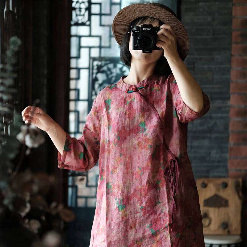 Chinese Style Women Linen Casual Dress New Spring Vintage Mandarin Collar Floral Print Loose Female Long Dresses M1061