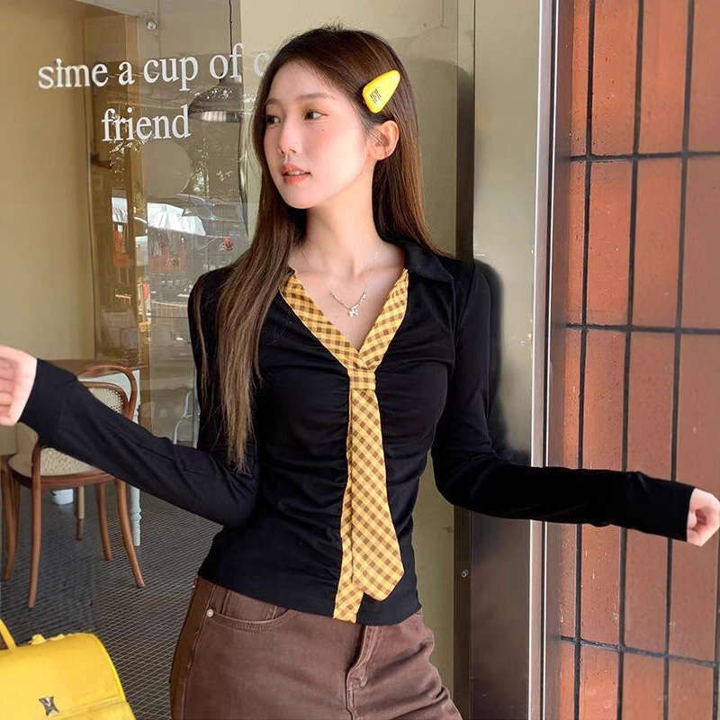 Black Polo Collar Inner Layer Base Shirt For Women Autumn Korean Style Slim Fit Slimming Design Long Sleeve T-Shirt Top