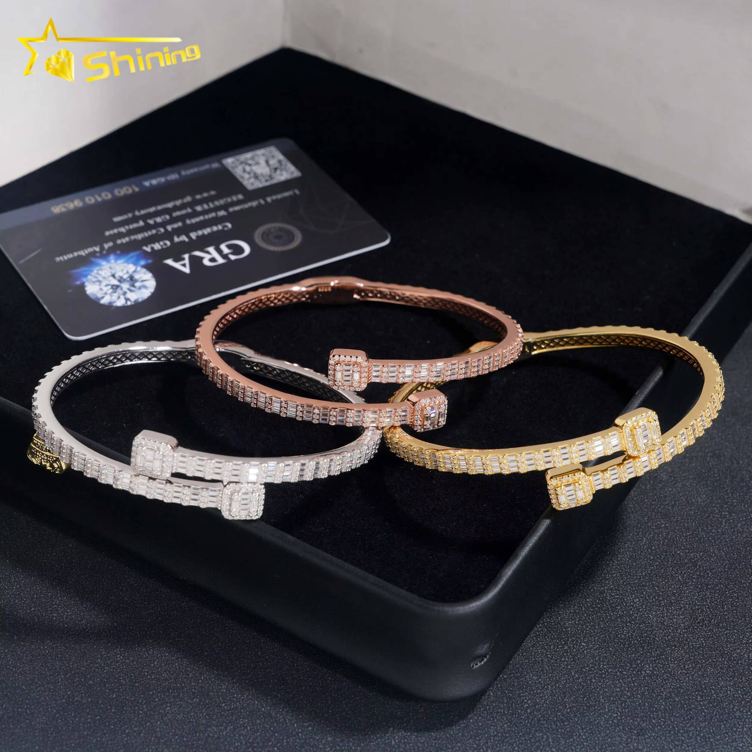Ready Shipping Fine Jewelry S925 Silver Gold Plated VVS Baguette Moissanite Diamond Bangle Bracelet GRA Certificated