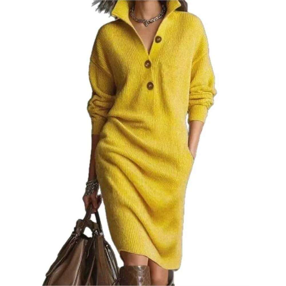 Solid Knitted Midi Dress For Woman Spring Fashion Button Half-open High Neck Loose Dresses Ladies Autumn Leisure Warm Vestidos XJ260131