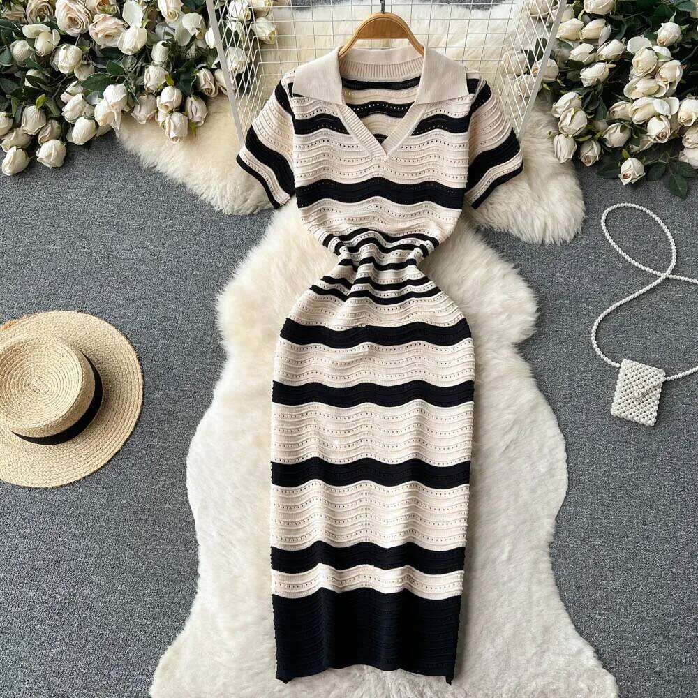 Short Sleeves Striped Long Lapel Neck Hollow Out Slim Bodycon Sundress Fashion Hotsweet Knitted Beach Midi Dress XJ260131