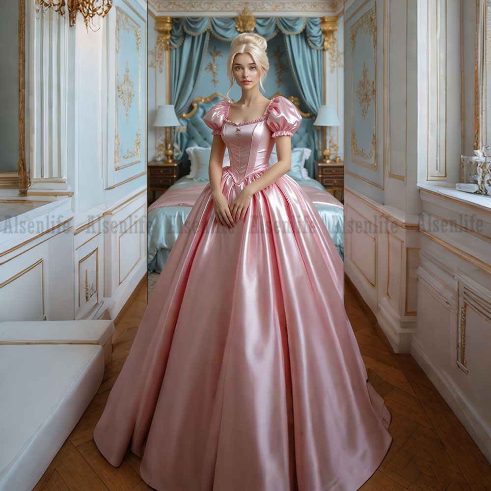 Customized Pink Gothic Evening Gown A Line Satin Renaissance Inspired Prom Dresses Costume Party Gowns