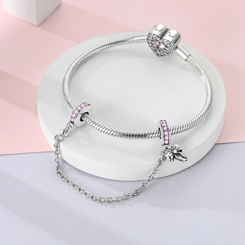 Sparkling 925 Sterling Silver Heart-shaped Infinity Triple Clear Jewel Safety Chain Charm Fits Bracelet Fine Jewelry Gift 260124