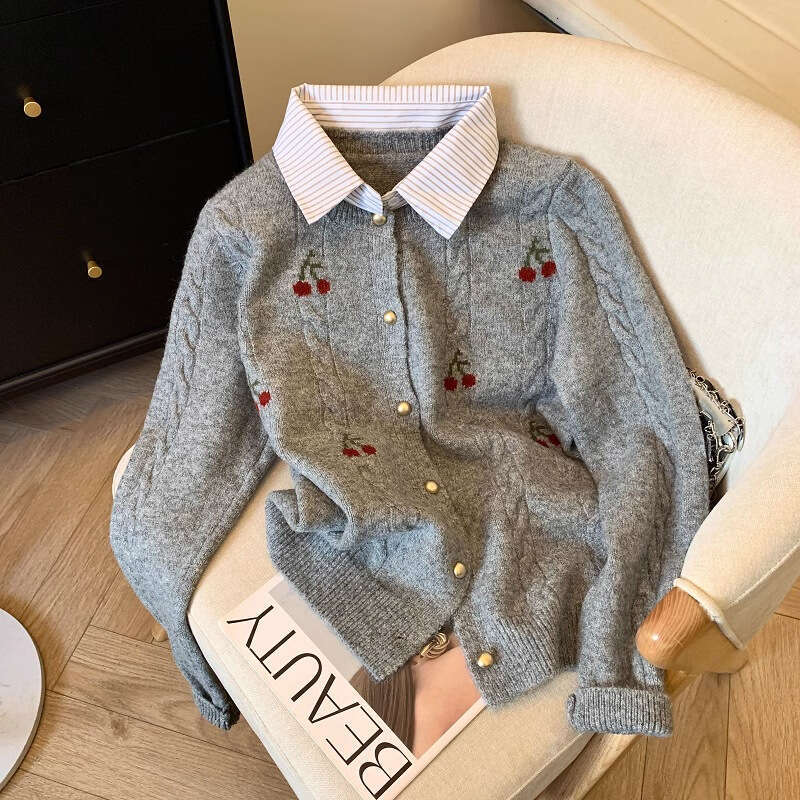 Counter Withdrawal Cut Label Fake Two-Piece Shirt Collar Sweater Coat Women Autumn Winter New College Style Soft Knitted Cardigan