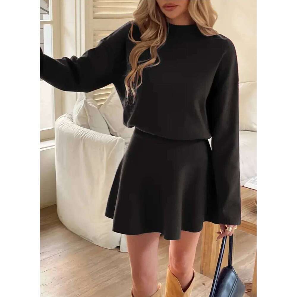 Autumn & Winter New European-American Casual Knit Two-Piece Set: Mock Neck Long-Sleeve Sweater + High-Waisted A-Line Mini Skirt, XJ260131
