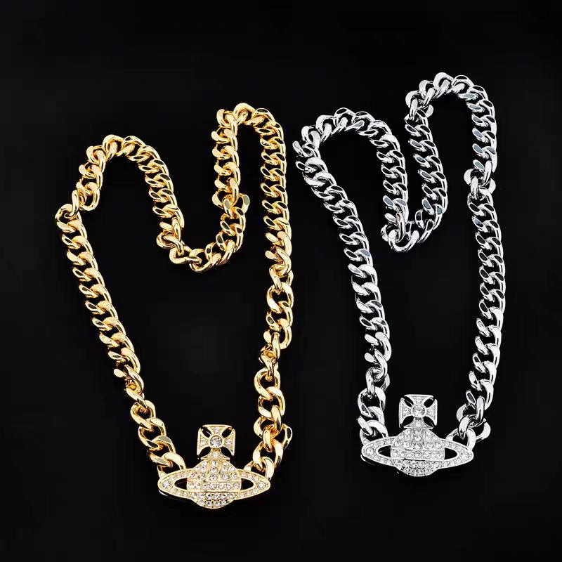 Queen Saturn full diamond necklace magnetic buckle Designer necklace thick chain Cuban chain punk chain chokers