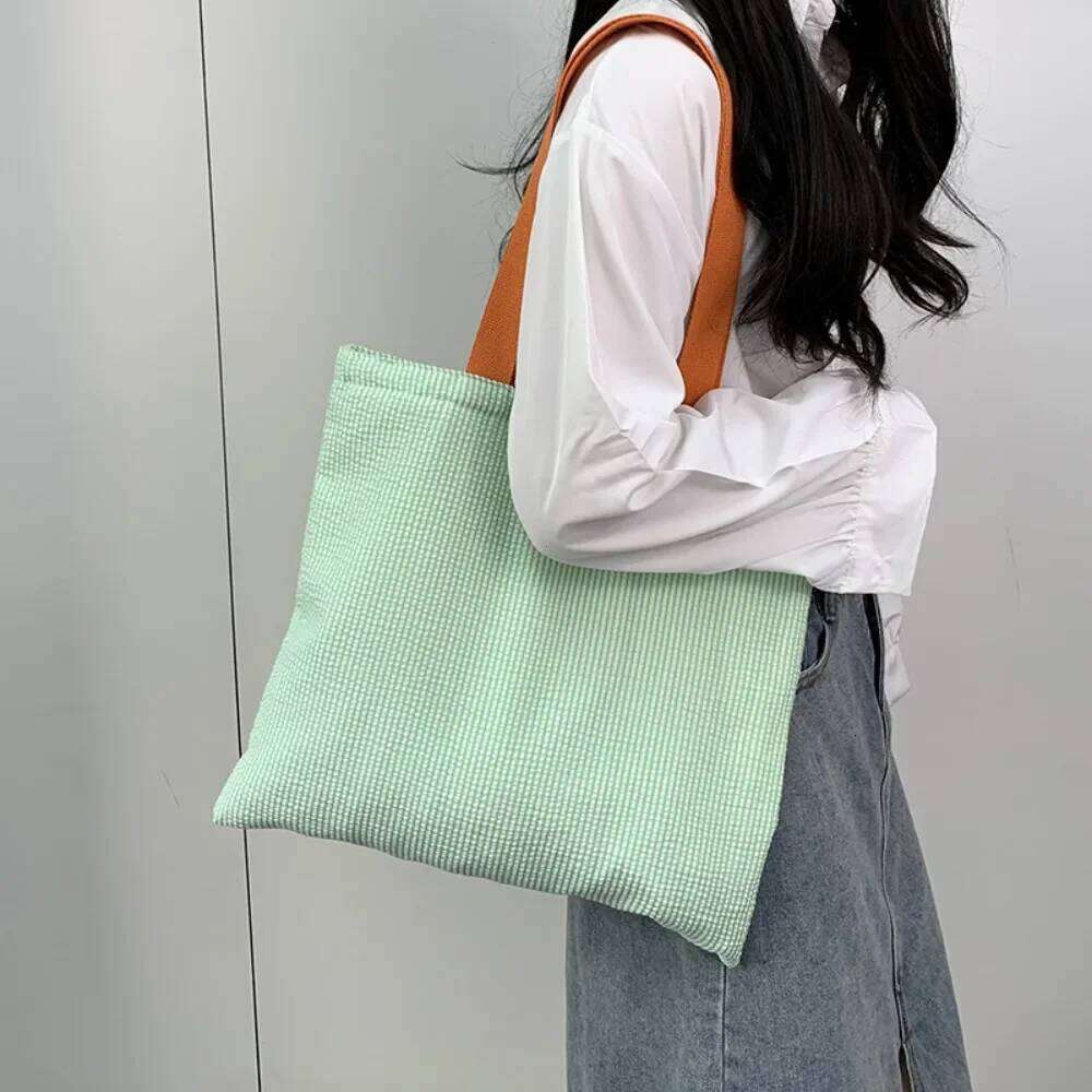 Large Capacity College Book Tote Stripe Contrast Color Women's Canvas Shoulder Zipper Handbags Simple Commuter Shopping Bag