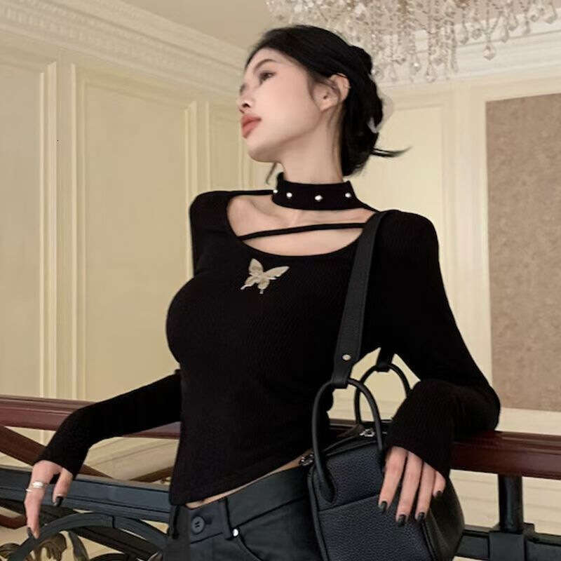 Irregular Bowknot U-Neck Long Sleeve T-Shirt For Women, Spring, Autumn, Winter, High-End, Pure Desire, Slim Fit, Regular Shoulder, Base Shirt, Top