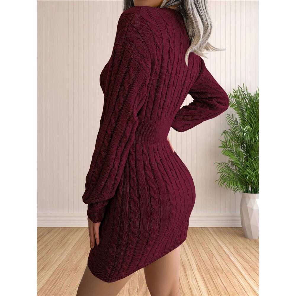 Women Dresses Cocktail V Neck Knitted Sweater Sheath Dress XJ260131