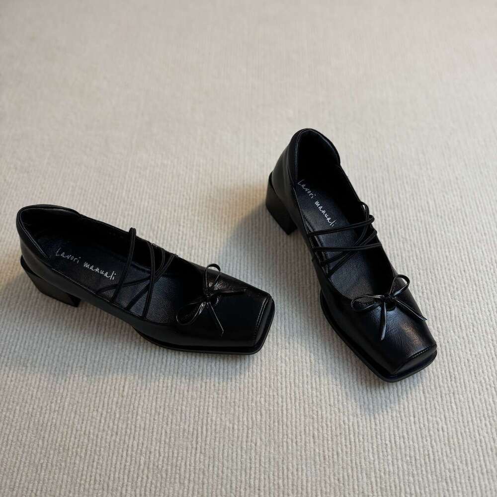 Sheepskin Version~ "Square Toe Ballet" Cross Lace Summer Soft Leather Retro Bow Mary Jane Shoes L260131