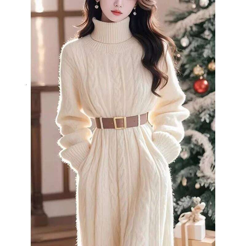 Elegant High-Neck Twisted Knit Sweater Dress 2025 Women Autumn Winter Warm Elastic Luxury Loose Style Fashionable XJ260131