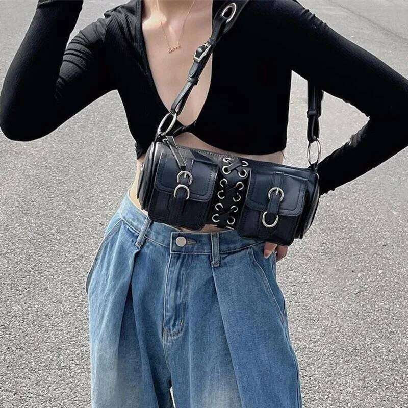 Vintage Black Women Cylinder Underarm Bags Double Pocket Design Ladies Shoulder Bag Fashion Female PU Leather Purse Handbags