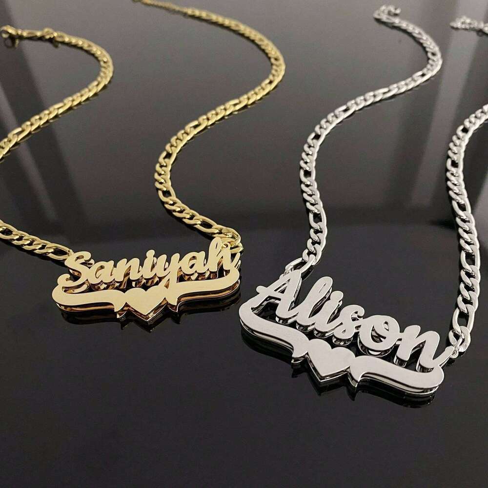 Personalized Two-tone Electroplated Nameplate European and American Stainless Steel Custom Necklace Heart Double-layer Lettering
