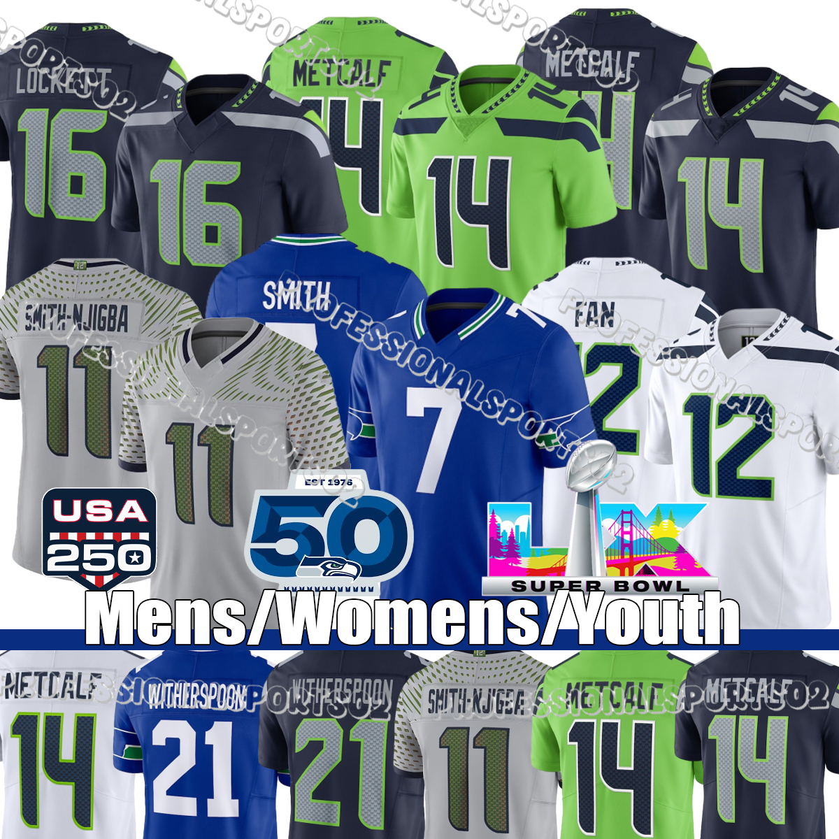 Seattles SeahawksS Jersey SeahawksJersey USA 250 Patch #14 Metcalf #11 Smith-Njigba #10 Kupp #12 Fan #14 Darnold #21 Witherspoon #9 Walker III #91 Murphy II #80 Largent