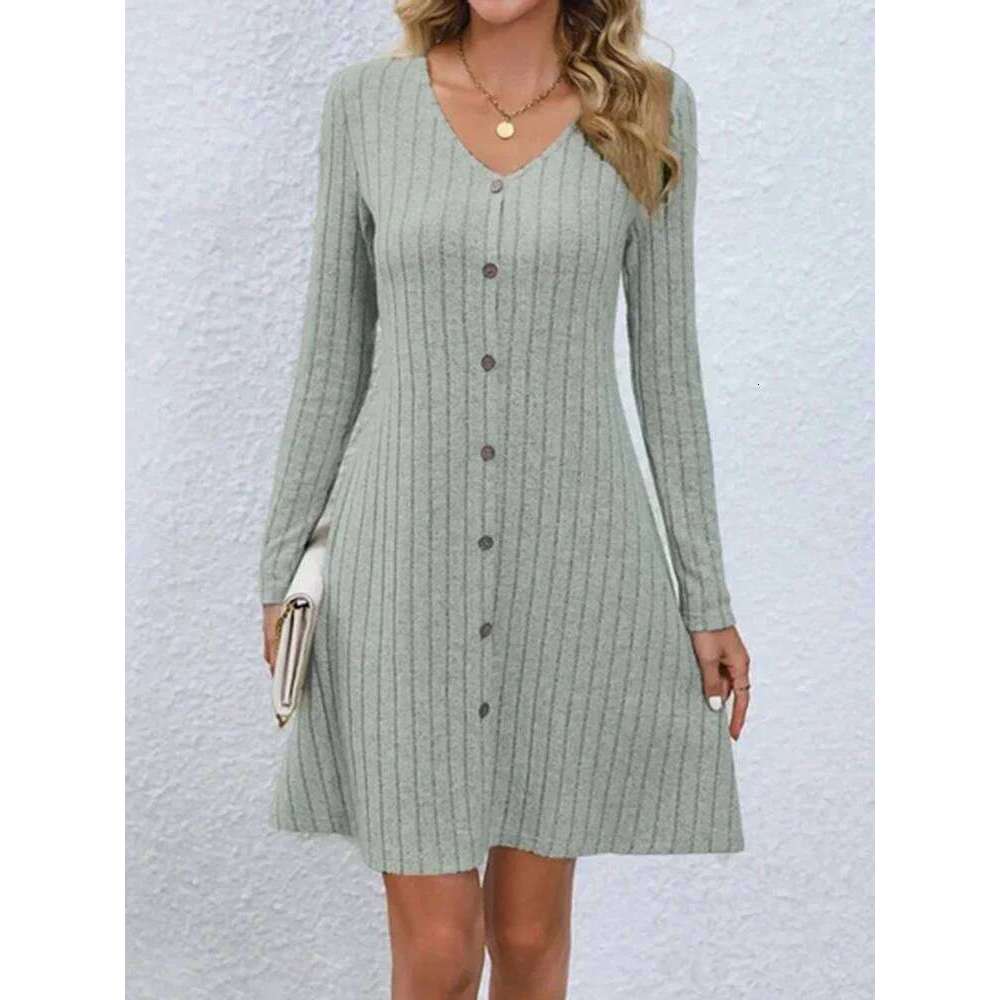 Women's V-Neck Button Dress Monochromatic A-line Casual Comfortable Spring Autumn Trend XJ260131