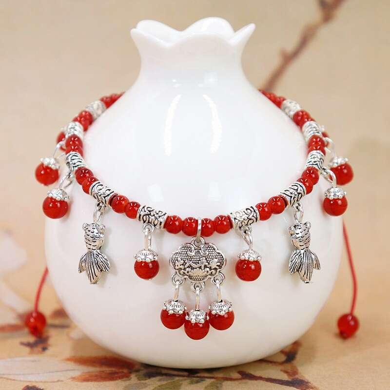 New Women's Summer String Natural Red Agate Vintage Peace Lock Tassel Bell Zodiac Year Anklet Accessories