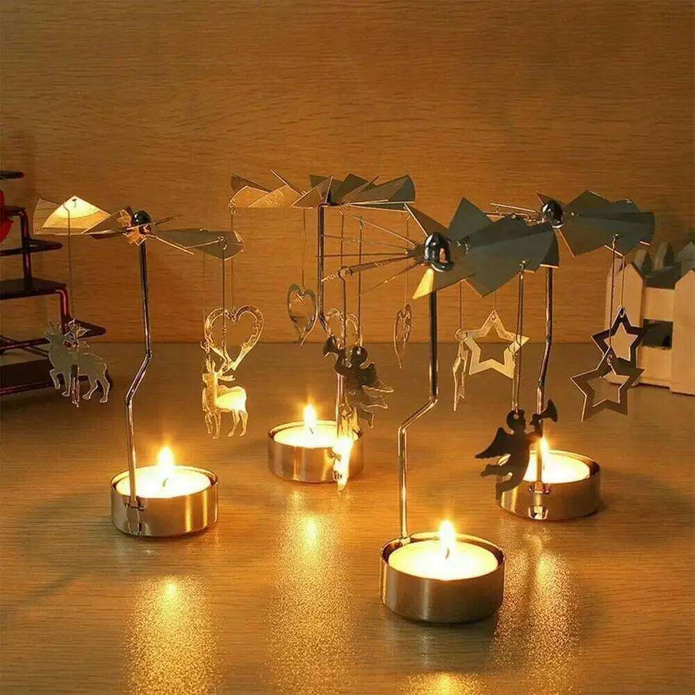 Magical Rotating Wrought Iron Christmas Candle Holder Angel &Deer Carousel Table Decor with Spinning Base Holiday Centerpiece Y260131