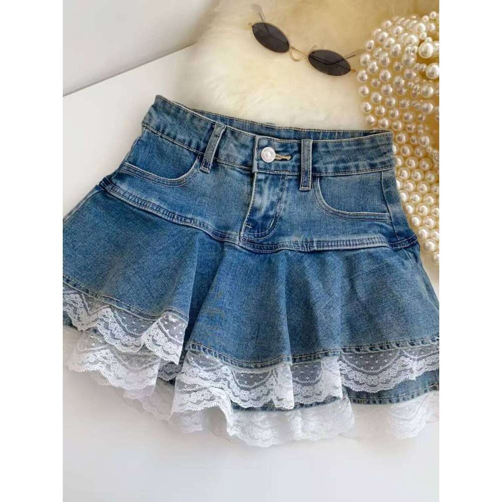 Women Fashion Streetwear Ruffles Kawaii Lace Skirts Shorts Preppy School Pleated Jeans 2025 Summer Mini Y2K Denim Skirt XJ260131