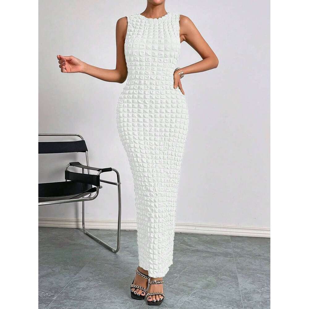 Waffle round neck sleeveless high-elastic solid color dress XJ260131