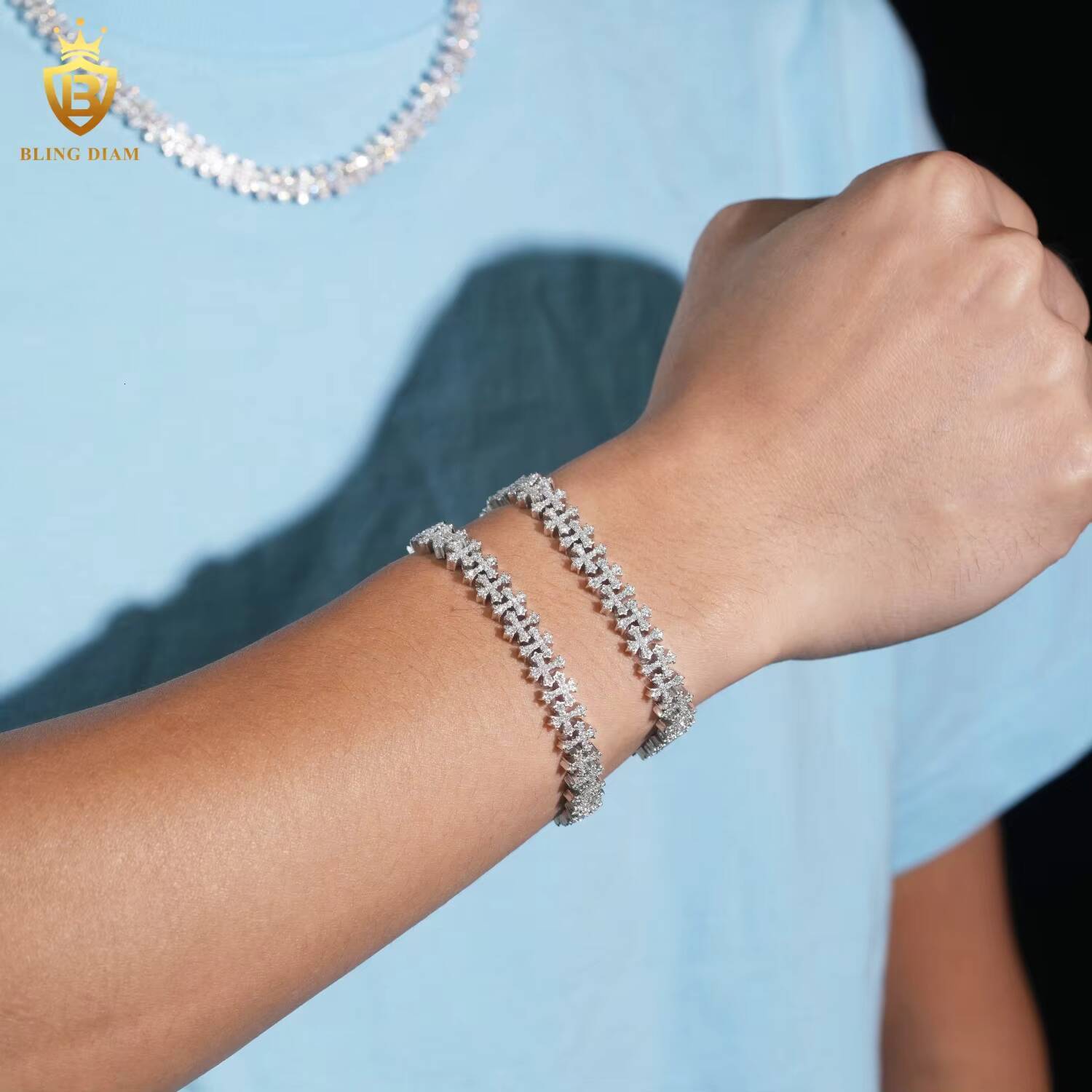 In Stock Iced Out Moissanite Cross Cuban Link Chain HipHop Style 85mm S925 Silver Moissanite Cuban Chain Pass Diamond Tester