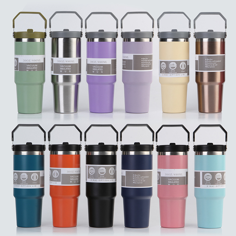 Stainless Steel 30oz Travel Mugs With Handle Lids Double Wall Food Grade Insulted Vacuum Tumblers Dringking Screw Lids Customize Logo