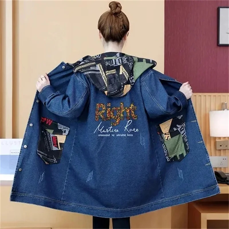 2025 Spring Autumn Denim Jacket Women Hooded Windbreaker Cartoon Printed Coat Long Outerwear Female Oversize 5XL Loose Overcoat 260120
