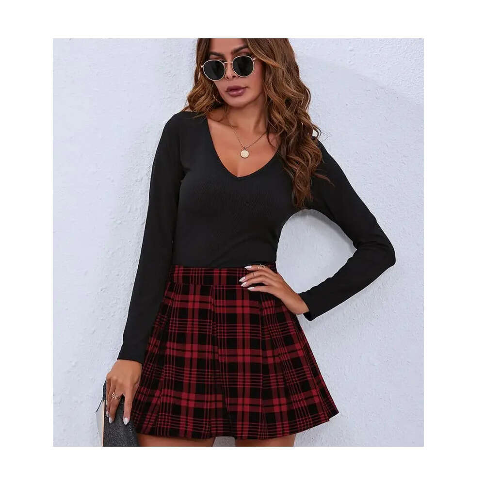 2024 Women's New Spring Summer Retro High Waist Black and White Gray Red Green Blue Pleated Plaid Skirt XJ260131
