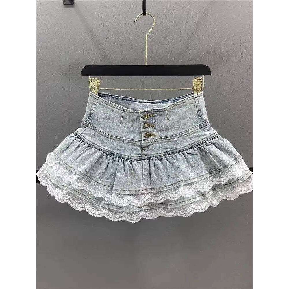 Woman Vintage Denim Pleated Lace Fold Design A-line Short Skirt Built in Shorts American Spicy Girl Korea Fashion Hotsweet XJ260131