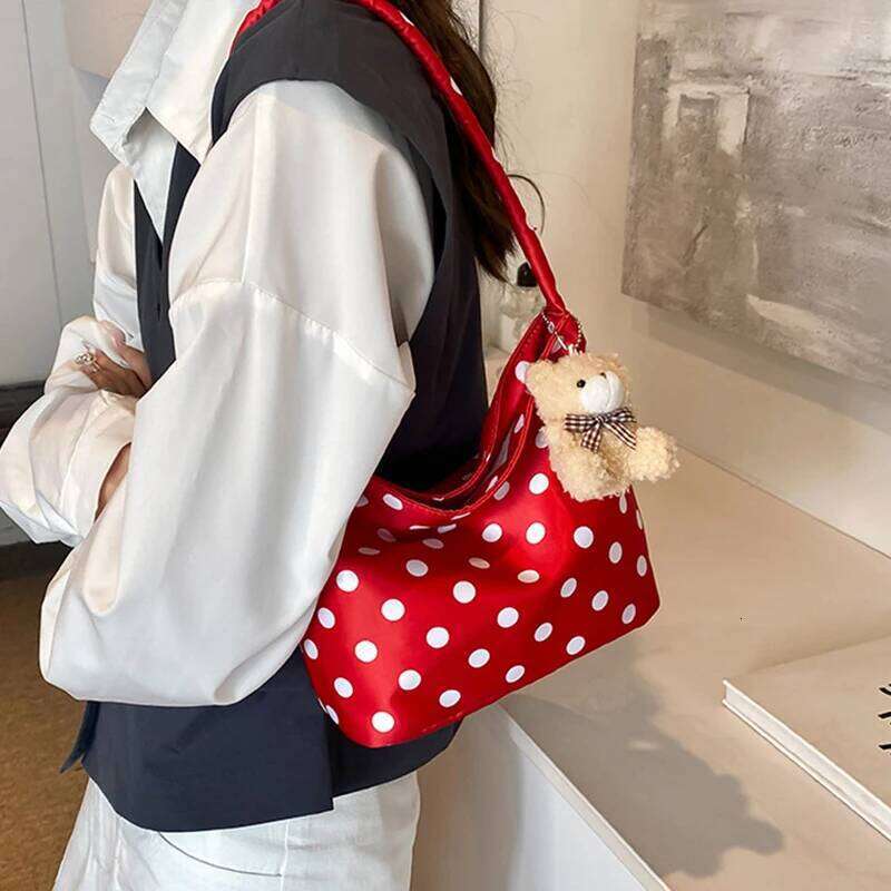 Women's Satin Polka Dot Korean Shoulder Large Capacity Bucket Bag Hangbag For Women With Pendant