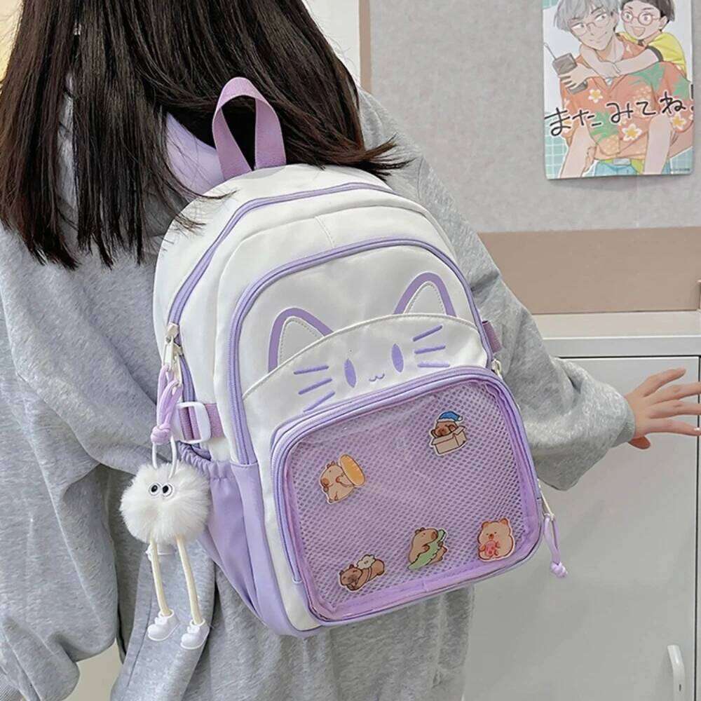 Y2K Cute Cat Ita Backpacks Large Capacity Knapsack Casual Girl Transparent DIY Display Rucksack Cartoon Trendy Travel Schoolbags