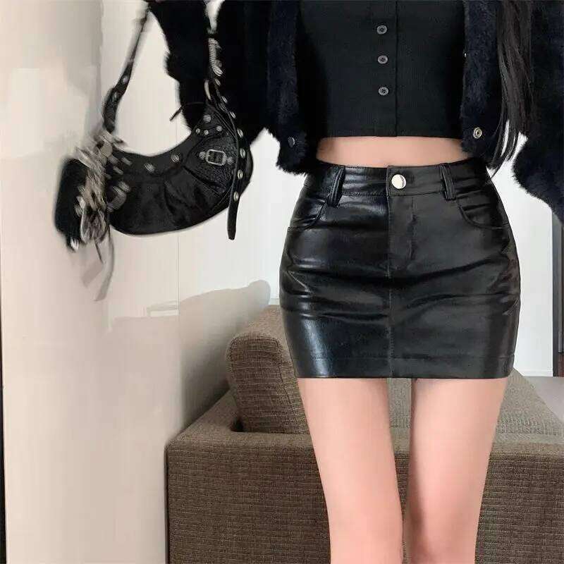 2025 New Sexy Red Pu Leather Women's High Waist A-shaped Skirt XJ260131