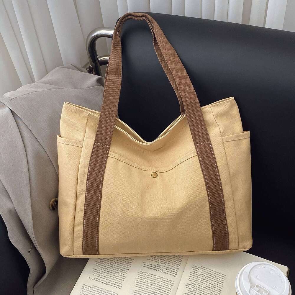 Canvas Women's Large Capacity Multiple Outer Pocket Zipper Shoulder Bag Student Handbag Shopping