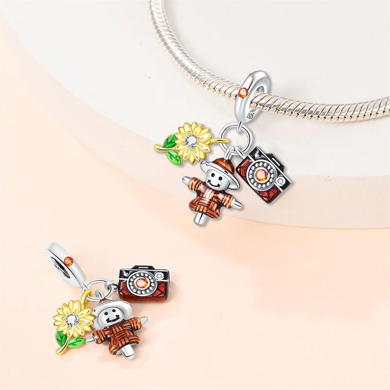 925 Sterling Silver Golden Autumn Series Charms Beads Scarecrow Pumpkin Maple Leaf Charms For Women Fine DIY Jewelry 260124