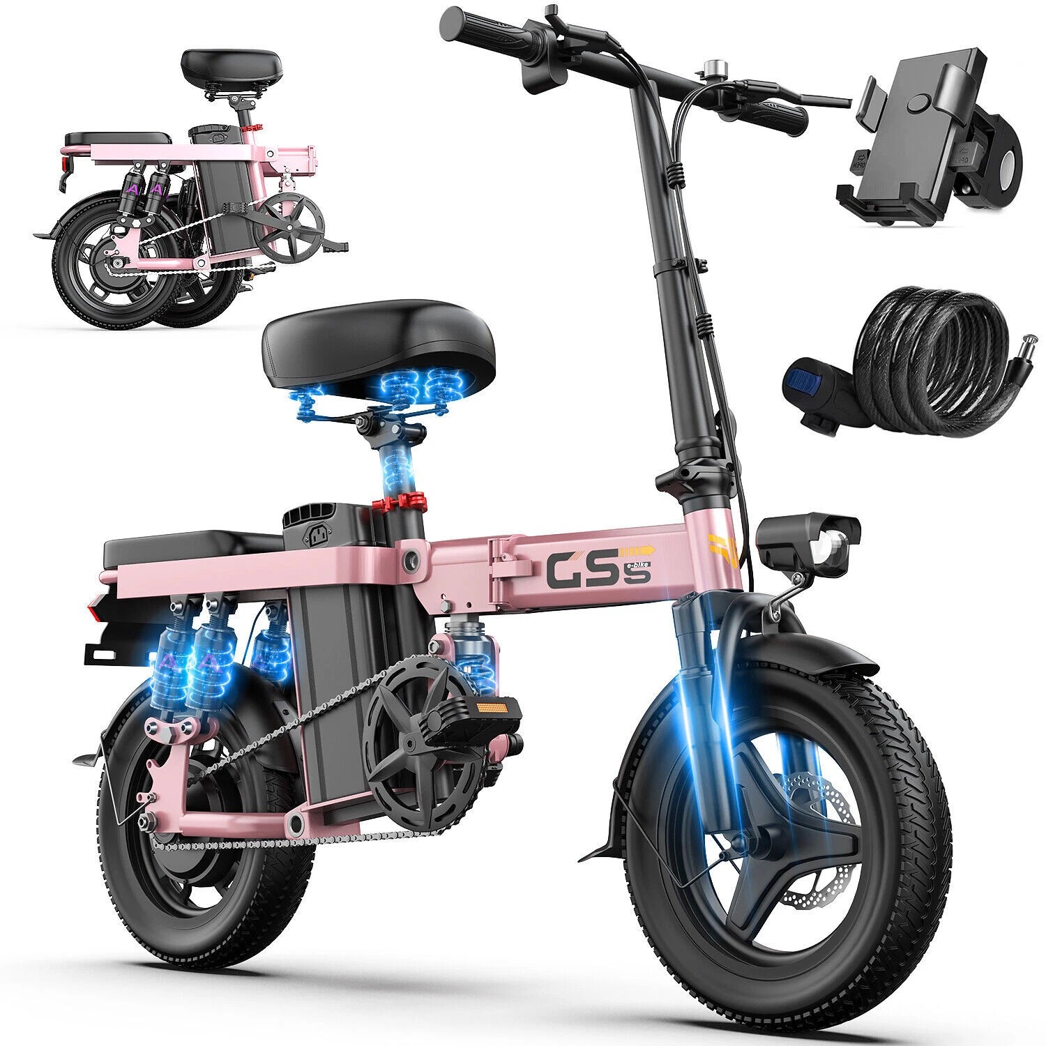 GS5 14 inch Folding Electric Bike for Adults 740W PEAK 48V/15AH 20MPH City Commuter E-bike Lightweight Bicycle