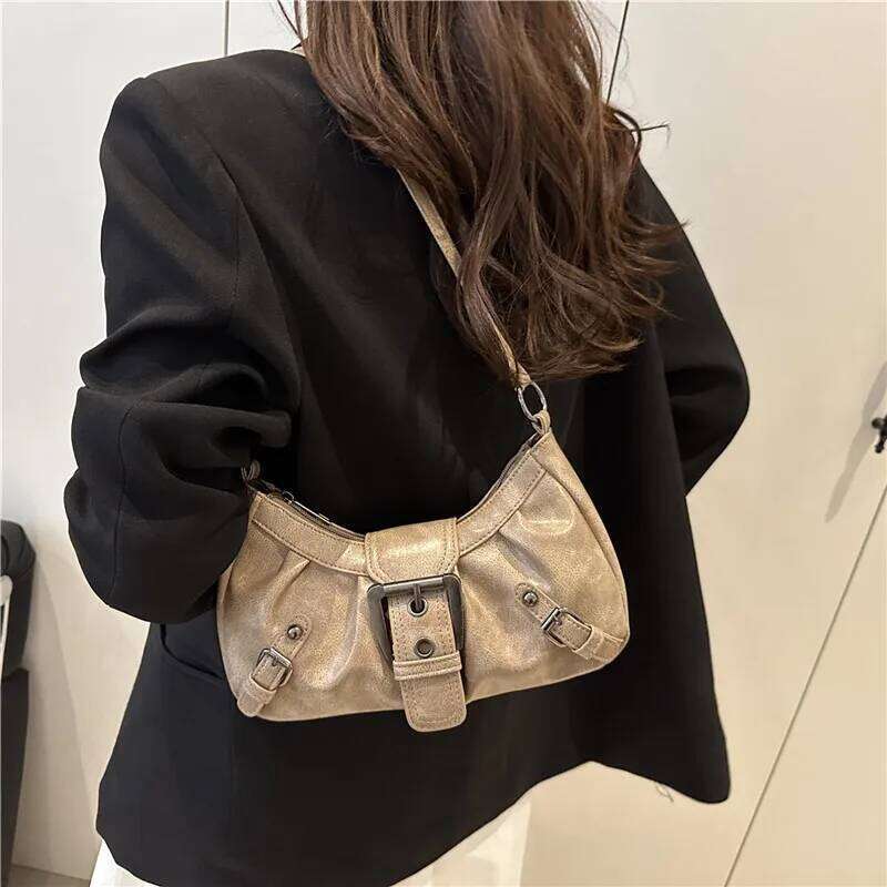 Casual Y2k Style Underarm Bags for Women Trendy Belt Rivet Design Cool Hot Girls Shoulder Bag Solid Color Ladies Handbags Purse XJ260130