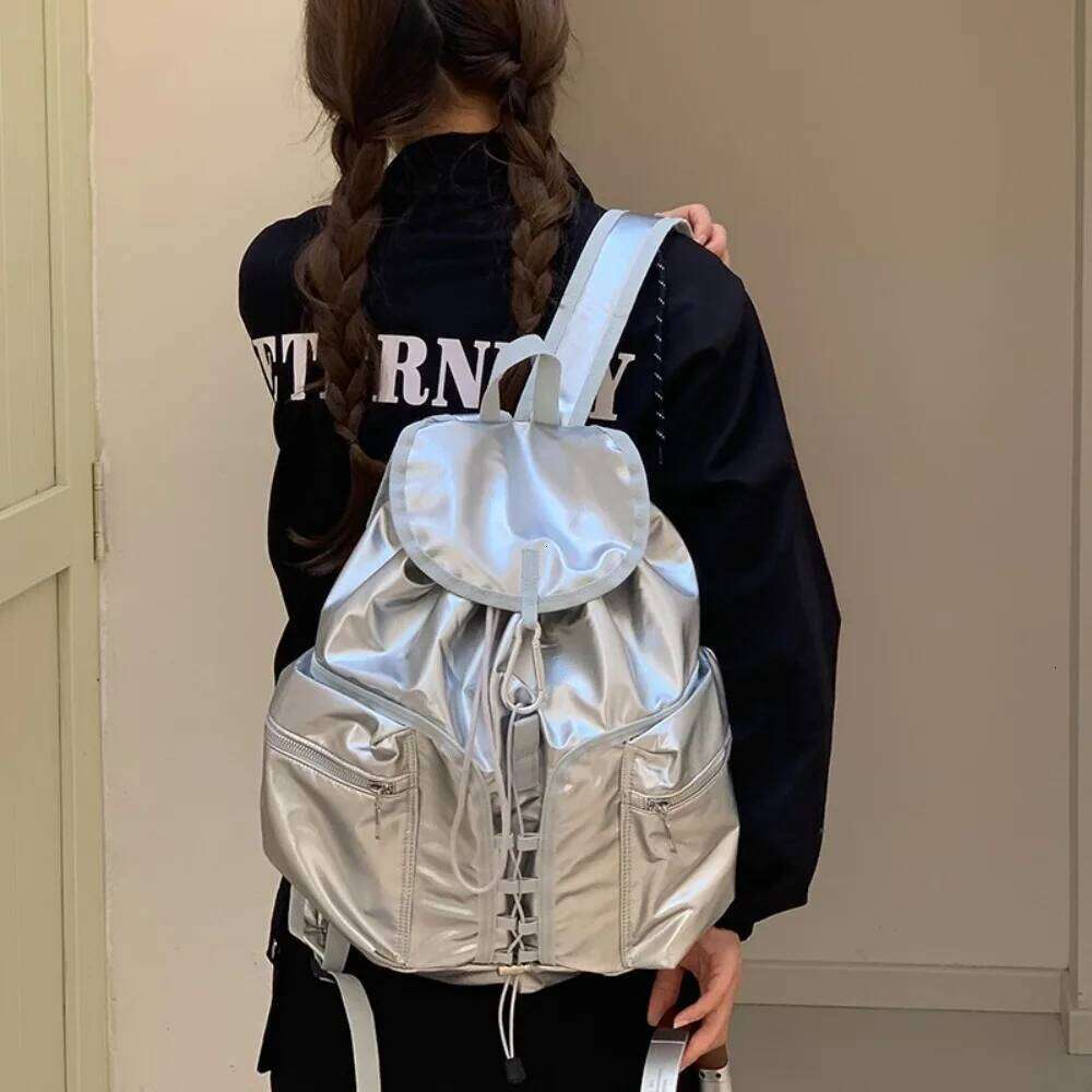 2026 New Large Capaci Silver Color Double Shoulder for Women Korean Sle College Students Fashion Bag Kawaii Backpack